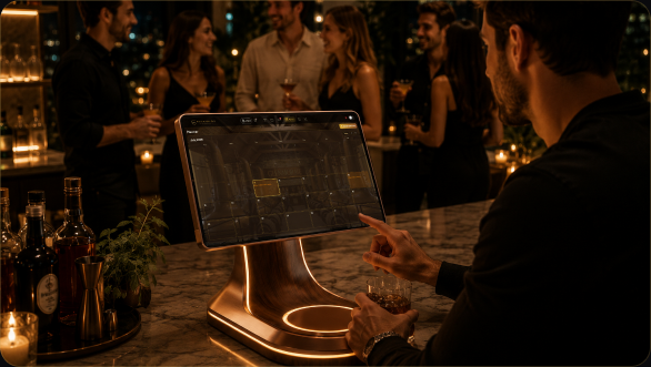 Guests gathered around the Solo device at a party